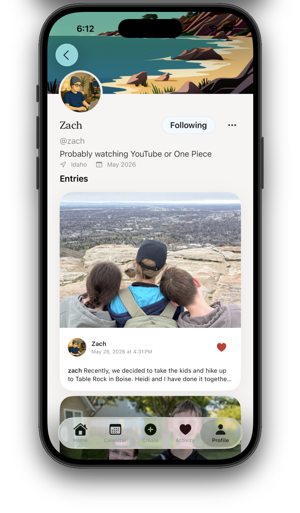 Screenshot of the Alpaca app profile and memory timeline